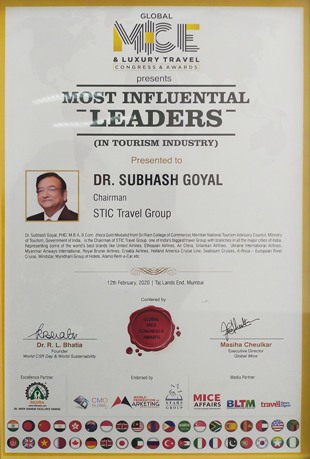 Award for Most Influential Leaders in Tourism Industry Presented to our Chairman Dr. Subhash Goyal Confered by Global Mice & Luxury Travel Congress & Awards at Taj Lands End, Mumbai on 12th February, 2020